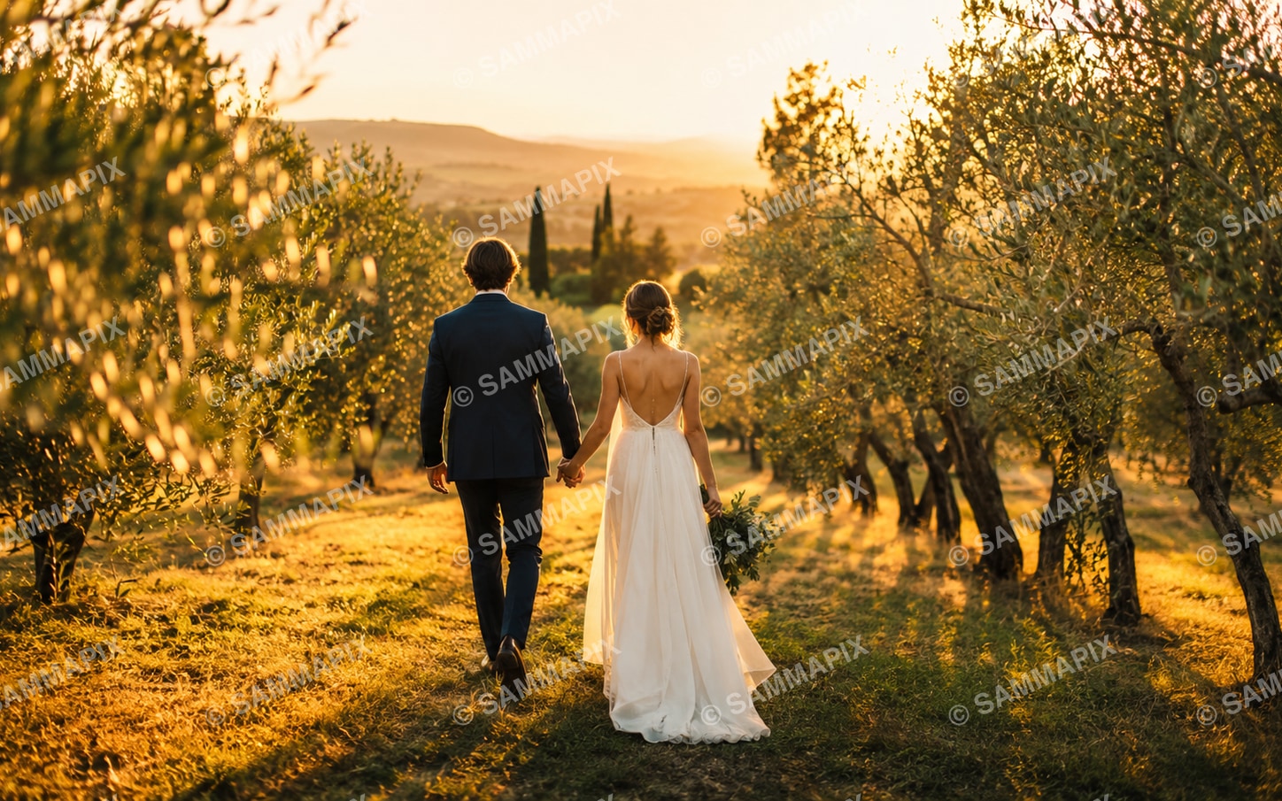 Wedding photography with copyright watermark tiled diagonally across the entire image to prevent cropping, anti-piracy protection